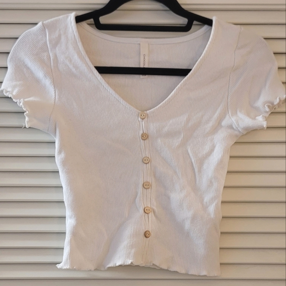 Chocolate- White Ripped Short-Sleeve Crop Top With Faux Buttons
